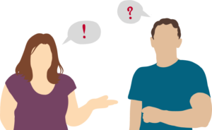 Illustration im Flat-Design von zwei Studierenden, die sich unterhalten, über ihnen eine Sprechblase mit Frage - und eine mit Ausrufezeichen
